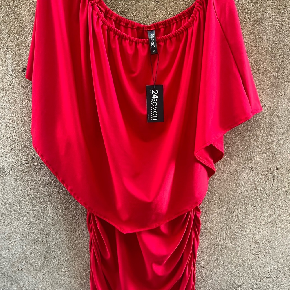 24/7 Comfort Apparel Red Ruched Asymmetrical Dress